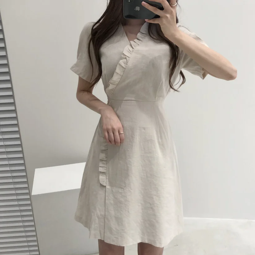 

YAMDI solid dresses summer party mini dress women korean vintage woman short sleeve a-line elegant ruffle chic cardigan vestidos