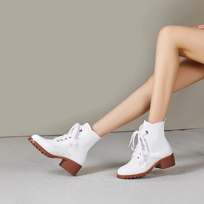 spesifikasi Asli Tujuan Populer Ringkas Lace-Up Round Toe Square Heels Sepatu Semata Kaki Kulit Berkualitas Tinggi Sepatu Wanita Ukuran US 3 -13