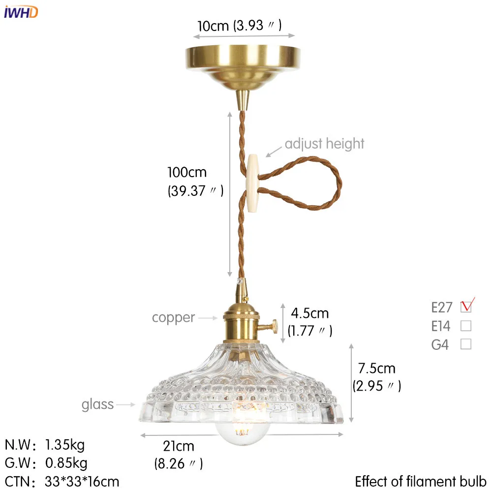 Медный Подвесной Светильник IWHD в скандинавском стиле для спальни столовой