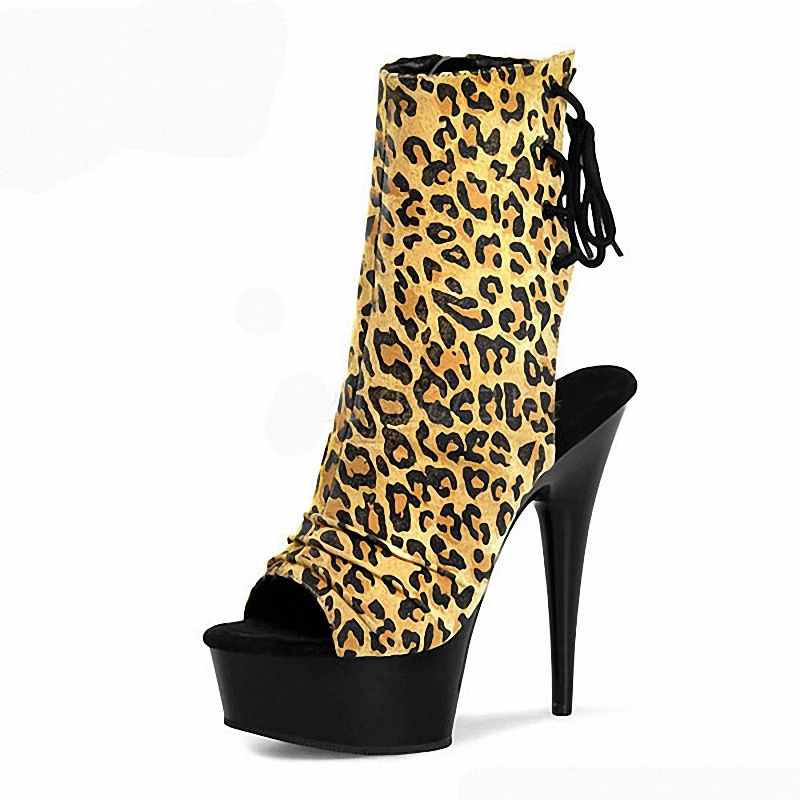 6 Inch High Stripper Heel Waterproof 15CM Fish Mouth Leopard Print Women Boots Platform Pole Dance Shoes Stiletto New Queen New