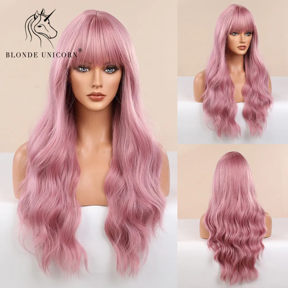 BLONDE UNICORN Long Wavy Synthetic Hair Wigs Ombre Grey for Black White Women Natural Wig Hair with Bangs Heat Resistant Fiber