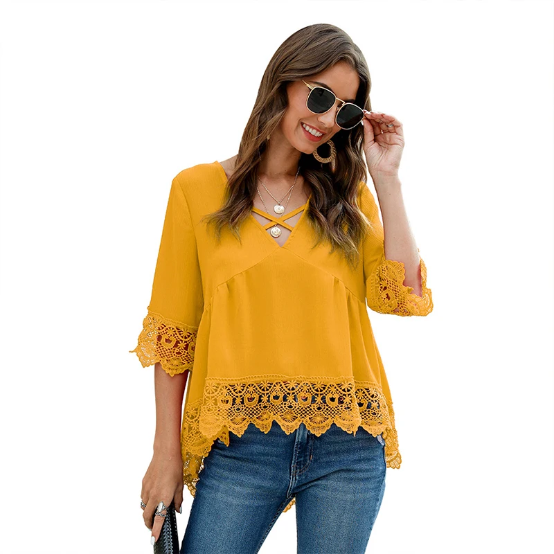 Женская шифоновая блузка CINESSD повседневная Кружевная туника с перекрестным