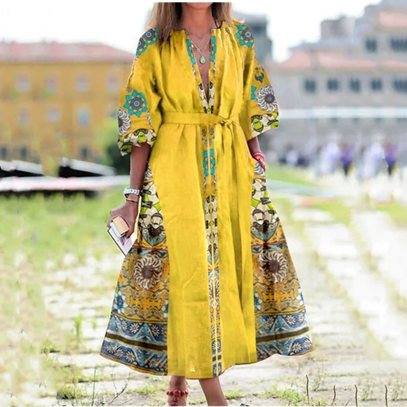 

Summer Women's Casual Printing Loose Mid-sleeve Belt Mxai Dress 2020 Elegant Cotton Slim Retro Female Spring Flowers Dresses