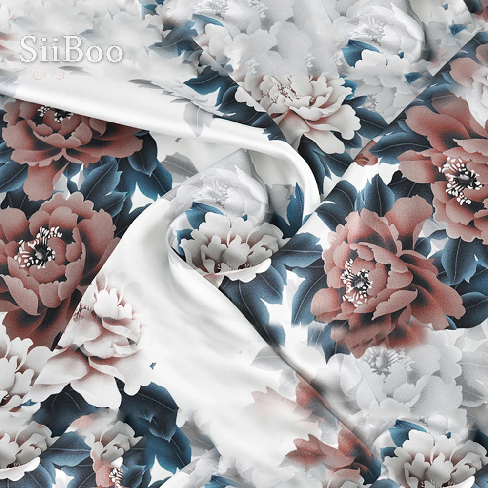 Luxury coffee black floral print spandex silk fabric apparel for dress natural tissue cloth tela tecido yarn 19mm SP5578 |