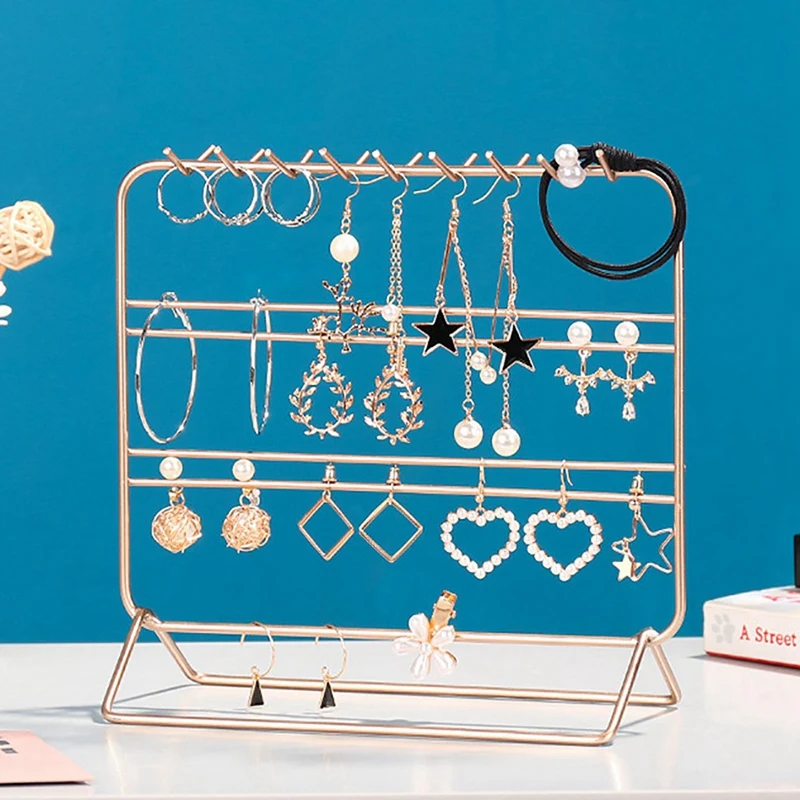 

2 Pcs Jewelry Stand,Metal Earrings Organizer, Beautiful Necklaces Holder Bracelets Display-Gold & Pink