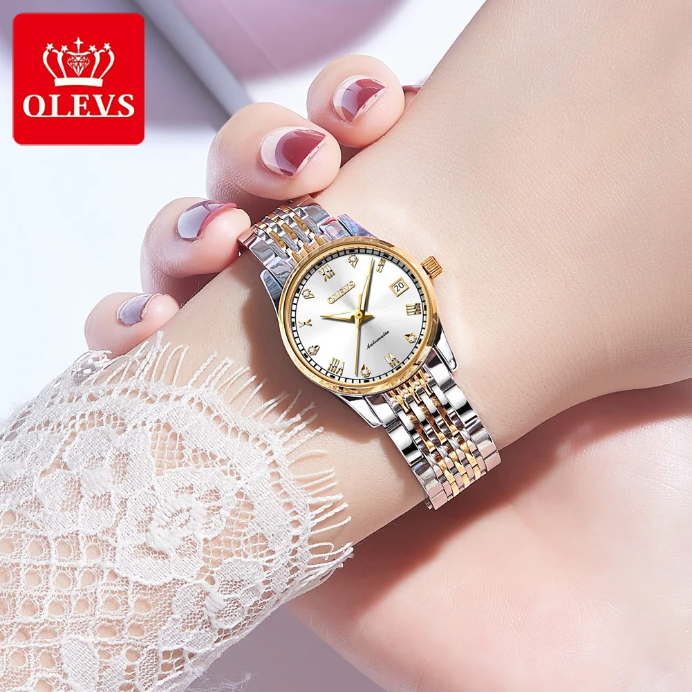 OLEVS Women Luxury Automatic Mechanical Watch Waterproof Classic Steel Strap Mechanical Watch Gift for Women