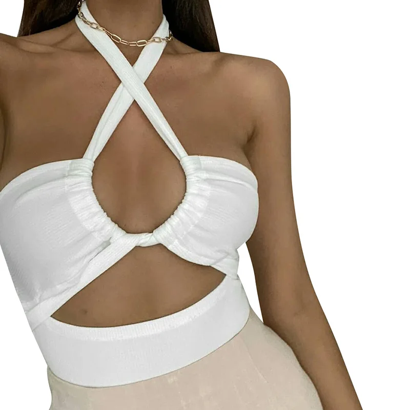 

Europe And The United States Women's Summer New Midriff Backless Pure Color Leisure Sexy Lace-up Neck Short Jumpsuit