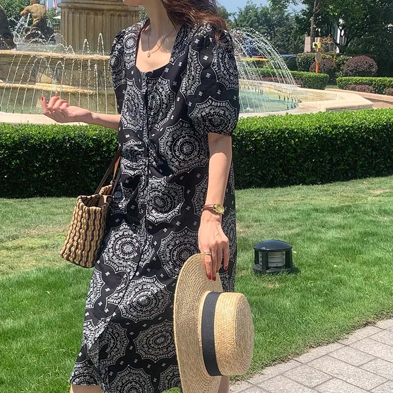 

Hzirip Summer Printed Square Neck Puff Sleeve Chic Fashion Thin Women's 2021 Gentle Age-Reducing Korean Pleated A-Line Dress