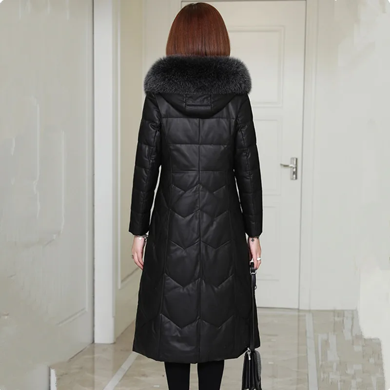 TNLNZHYN Women Winter Sheepskin Coat Quality Fox Fur Collar Down Jacket Leather Outwear Female 2020 Black Warm Long Clothes 1871
