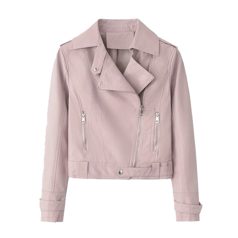 

Korean Style Chic Pink Short PU Leather Motorcycle Jacket Women's Fashion Faux Leather Short Jacket Waist Band Slim Coat