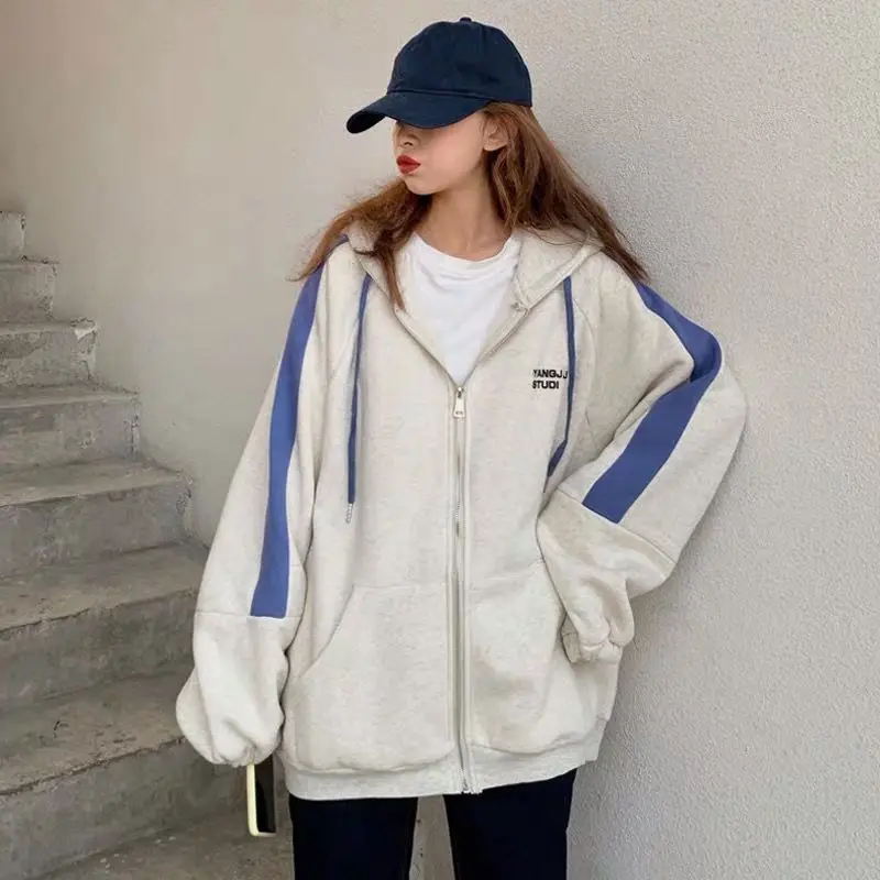 

2021 new Harajuku zipper hoodie women loose Korean style bf lazy retro style plus velvet thick super fire jacket tide sweatshirt