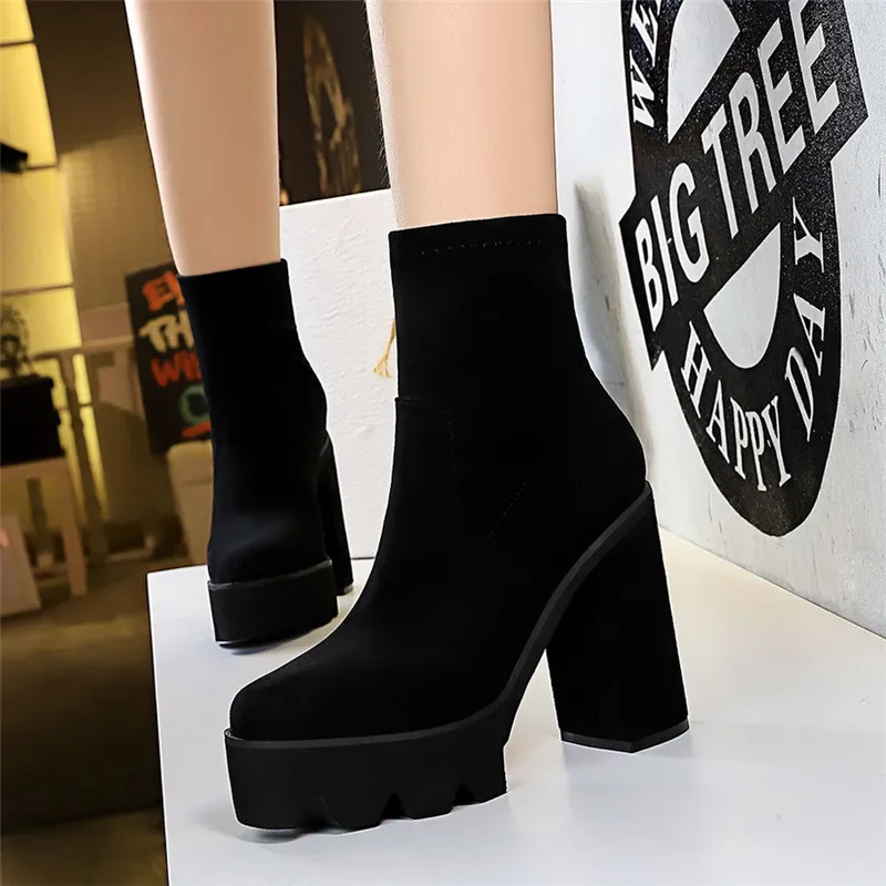 

12.5cm Winter Women Boots Fashion High Quality Boots Thick Heel Ultra-High Heel Platform Sexy Suede Pedicure Slim Ladies Boots
