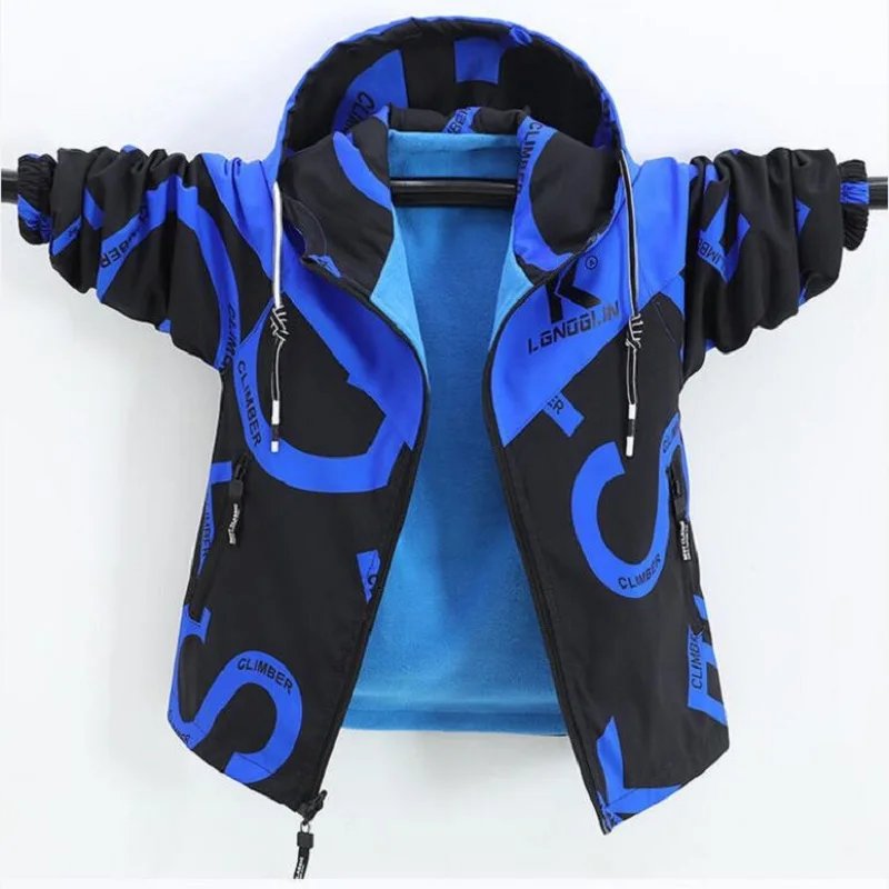 

Autumn 4-14Yrs Boys' Jacket 2022 Children's Outwear Spring Hooded Print Zipper waterproof Wear Plush Coat For Kids Windbreaker