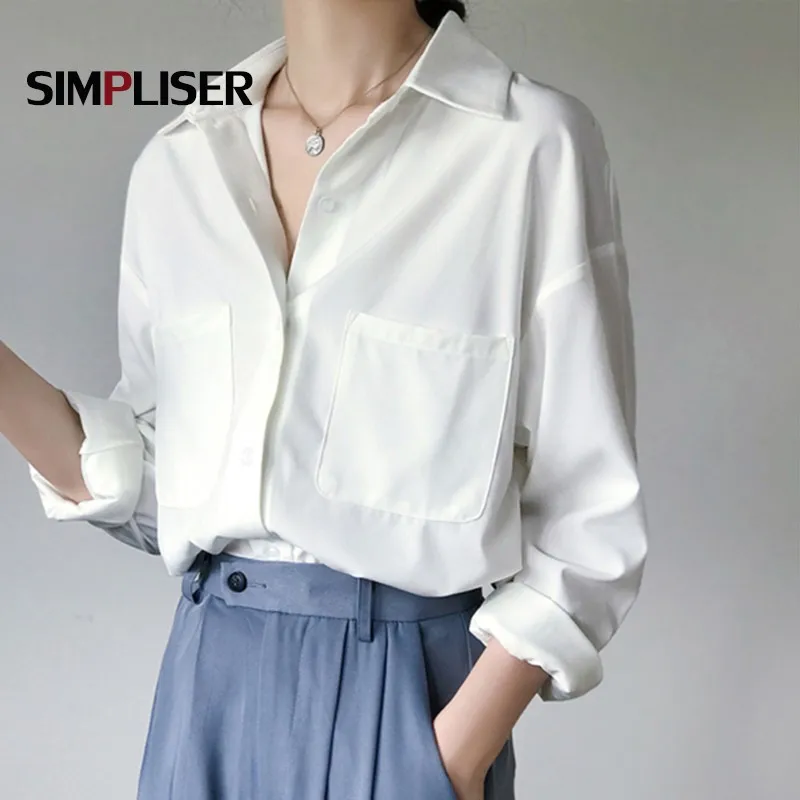 

Женская Офисная рубашка с отложным воротником и карманами, белая блузка для офиса, элегантная рабочая одежда, весна 2021