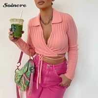 knit caidigan crop women 2021 sexy v neck long sleeve waist lace up fashion vintage autumn winter casual sweater ladies pink