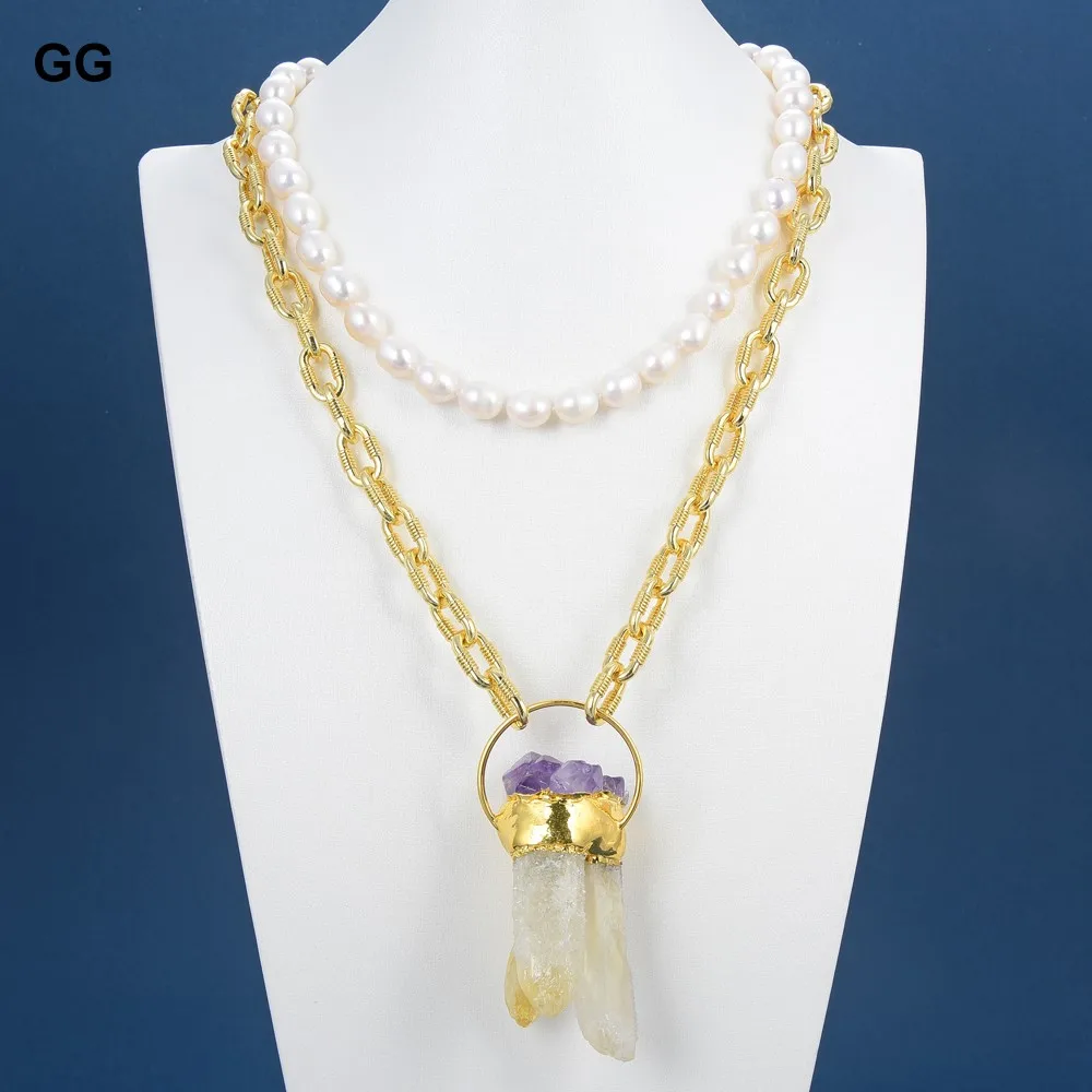 

GuaiGuai гарнитур ювелирных украшений из природного белый жемчуг в форме риса цепи ожерелье из натурального камня аметистами кварца кулон ожер...