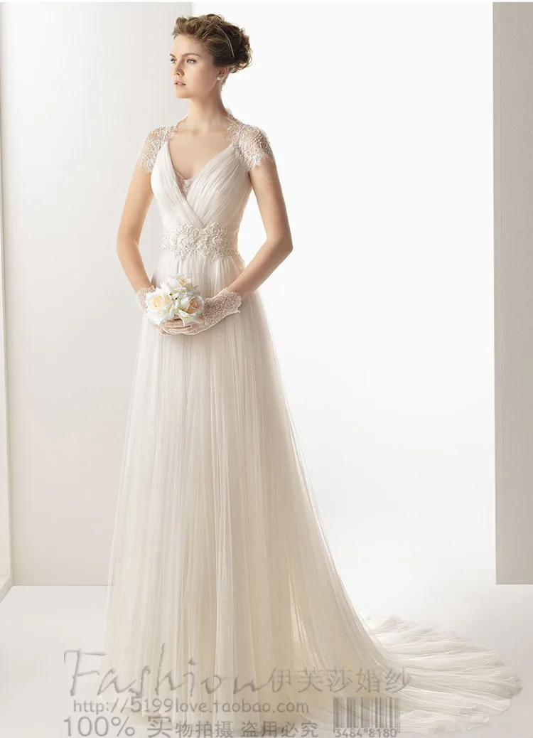 

free shipping 2016 elegant V-neck white long princess sweetheat lace short sleeve empire waist beach wedding dresses bridal gown