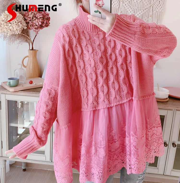 

Новинка сезона осень-зима 2021, женский модный милый свободный свитер с рукавами «летучая мышь», женский кружевной пуловер большого размера с...