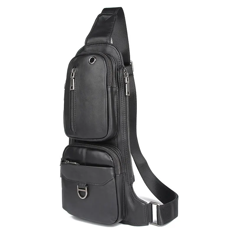 Мужская нагрудная сумка MAHEU черная из натуральной кожи с одним плечевым ремнем