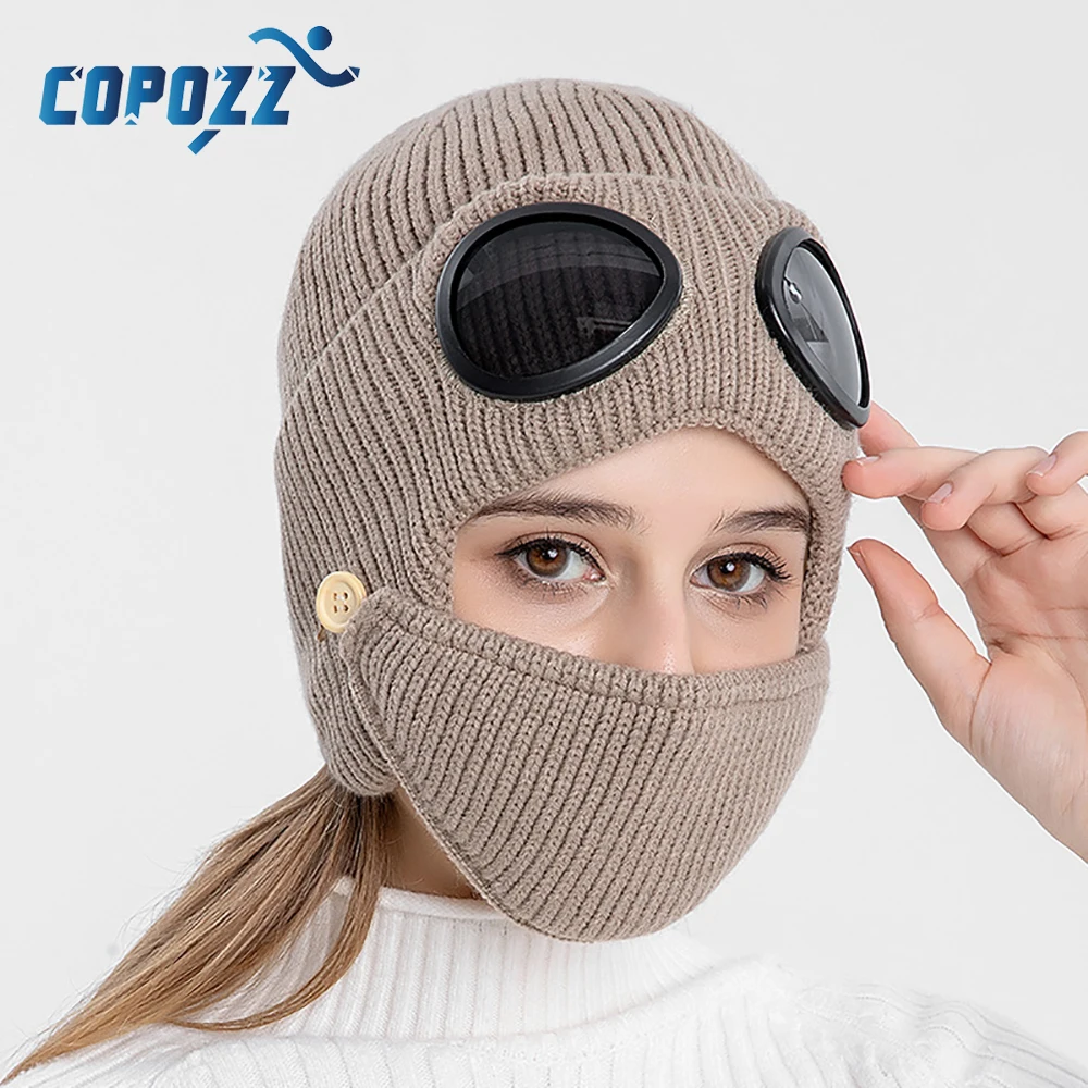 

Winter Ski Hat Thickened Windproof Warm Knit Hats saucerman Beanies Hat Riding Sports with Removable Glass Mask Balaclava
