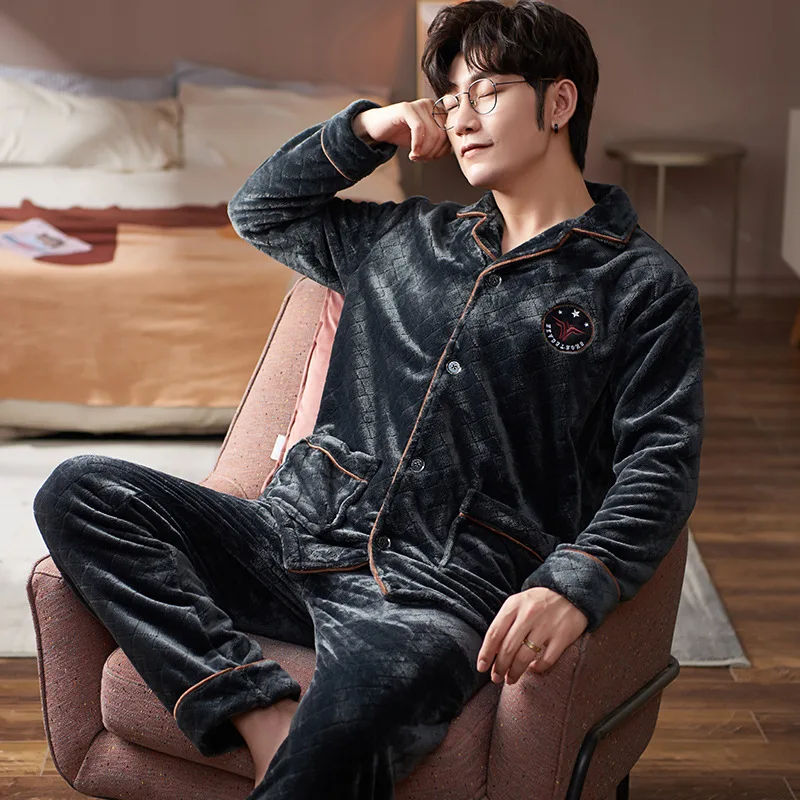 Men's Pajamas Set Flannel Sleepwear Striped Cardigan Lapel Button Pocket Pyjamas Thick Warm Luxury High Quality Homewear Winter