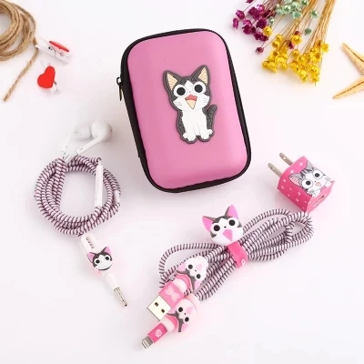 Набор защитных наклеек для наушников с мультяшным USB кабелем и футляром