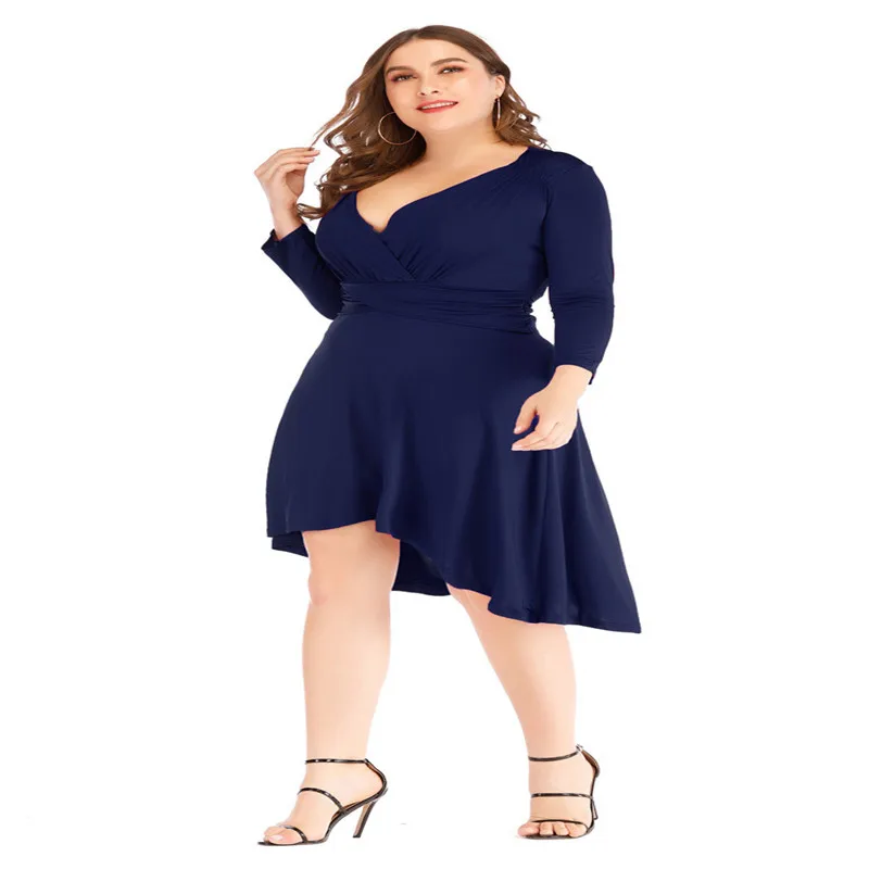 

Large Women's Dress V-Neck Long Sleeve Waist Collection Medium Length Irregular Dress Female