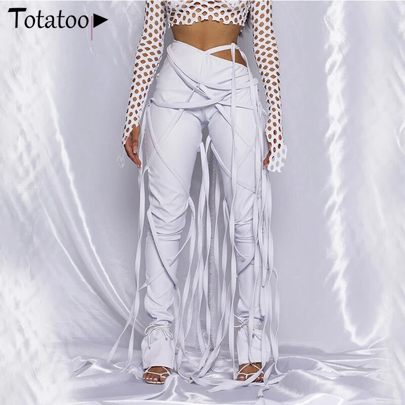 

Totatoop Fashion Slant Waist Lace Up Sexy Pants Women High Waist Bandage Pencil Pants PU Leather Tassel Ruched Trousers Female