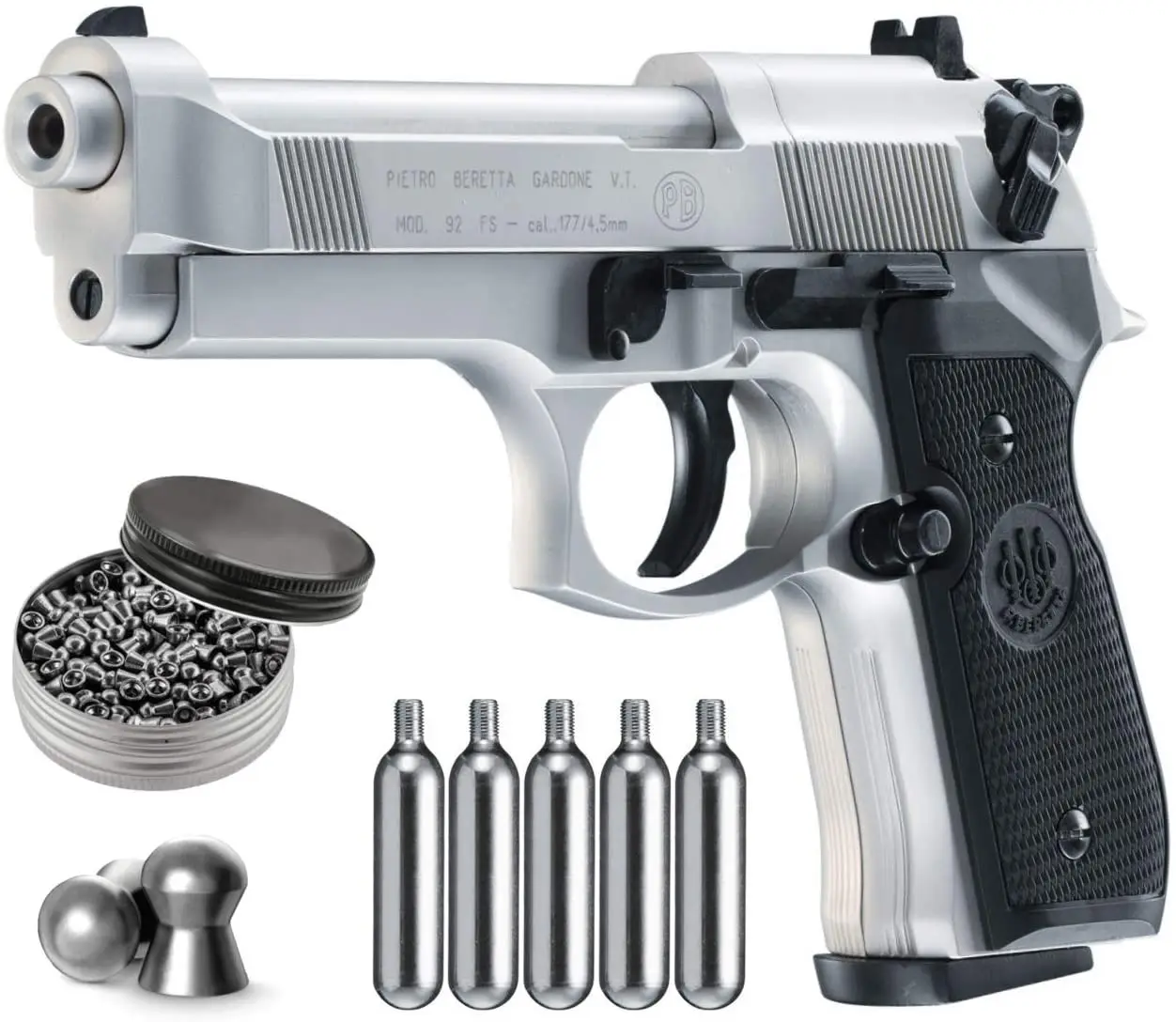 

Beretta M92FS pistola de chumbinho CO2 Tanks and Pack of 500ct Lead Pellets Bundle (Nickel/Black+Accessories) Metal wall sign