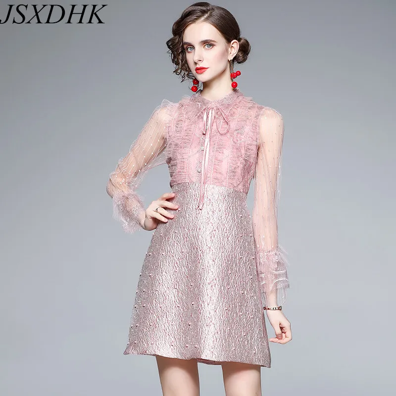 

JSXDHK Fashion Designer Autumn Pink Dress Elegant Women Beading Mesh Ruffles Patchwork Lace Up Bowknot Pearl Button A Line Dress