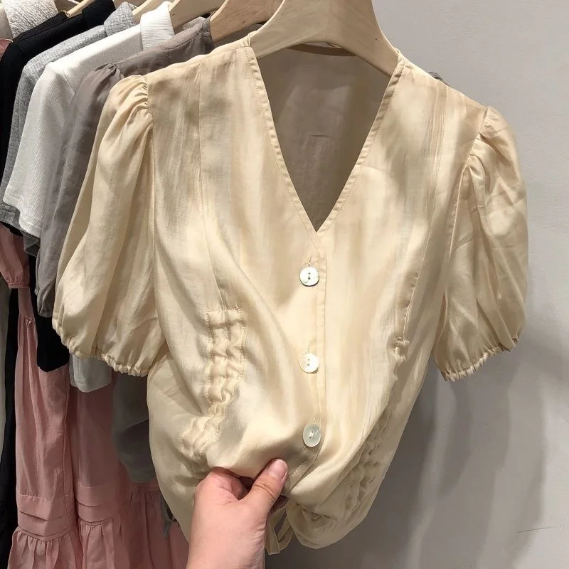 

Pleated Chiffon Solid Women Shirts Summer New 2021 V-Neck Drawstring Solid Elegant Office Lady Outwear Tops