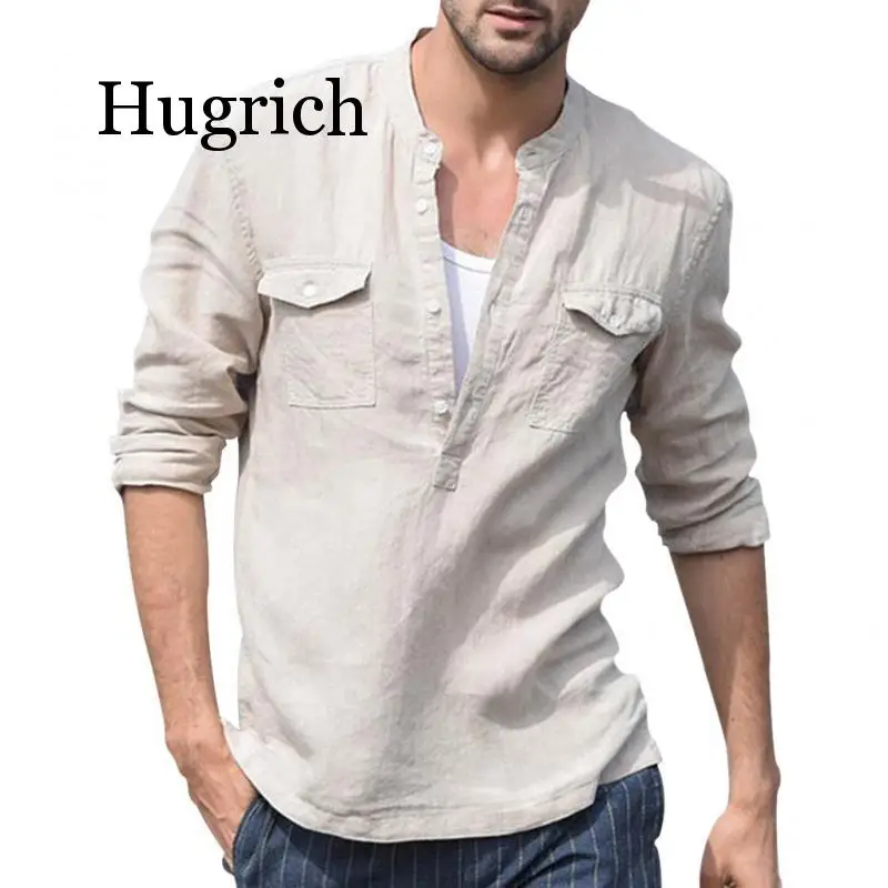 

2020 Men's Baggy Cotton Linen Pocket Solid Long Sleeve V neck Retro T Shirts Tops Summer long-sleeved shirt men's cotton