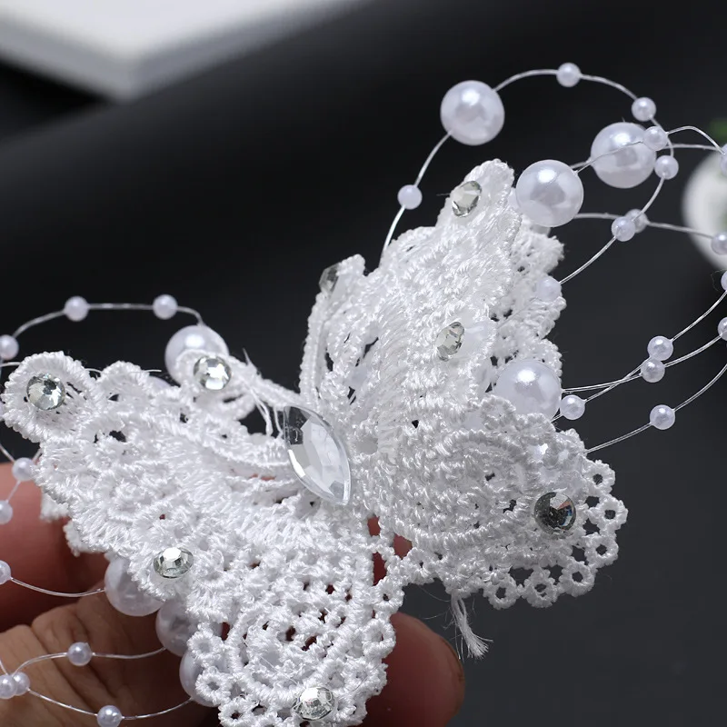 Белые кружевные жемчужные украшения для волос с бабочкой аксессуары на свадьбу