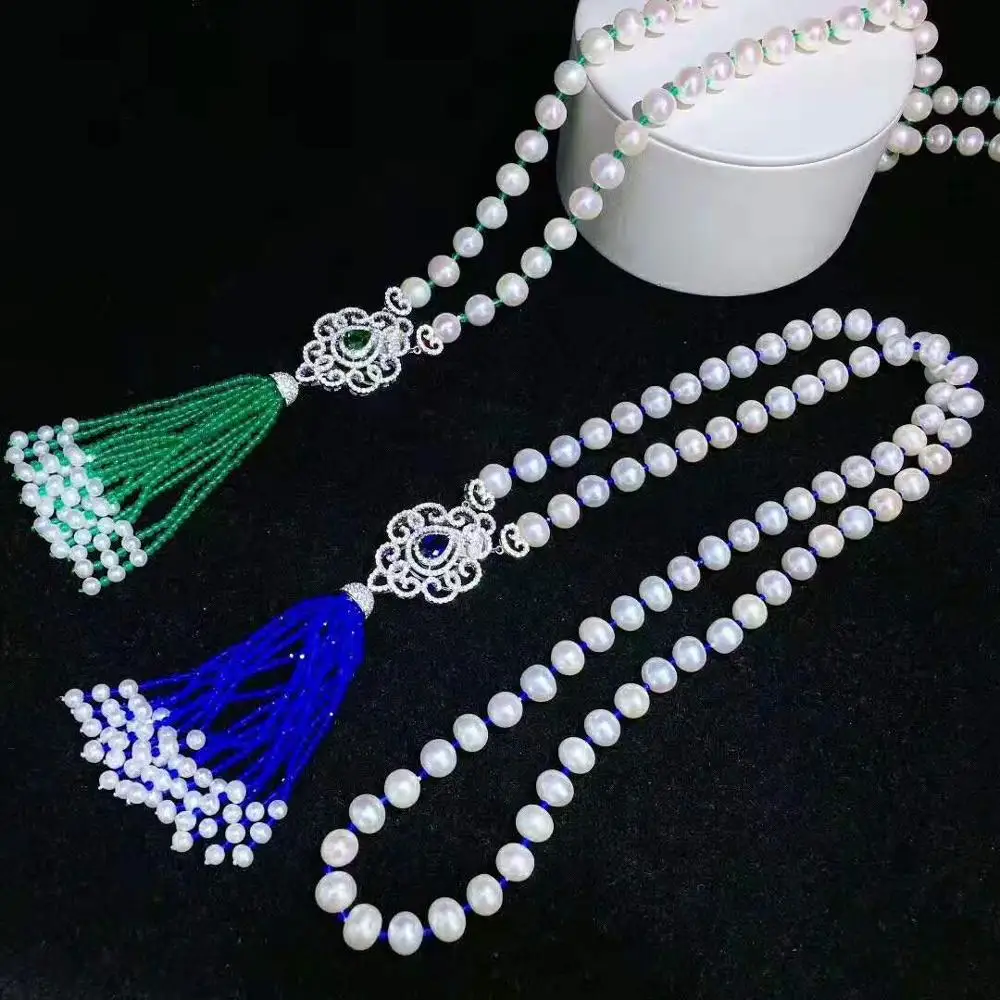 

hot sell New 7-8mm natural white freshwater pearl necklace zircon accessories tassel pendant fashion jewelry