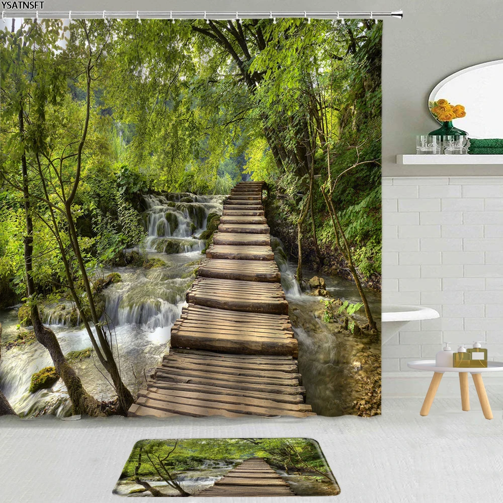 

2Pcs Forest Wooden Bridge Scenery Shower Curtains 3D Waterfall Natural Bamboo Forest Fabric Decor Non-Slip Bath Mat Bathroom Set