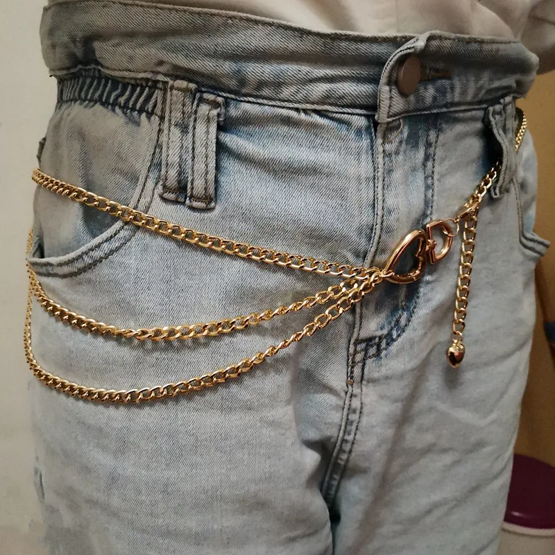 Женский трехслойный ремень с металлической цепочкой золотой серебряный пояс