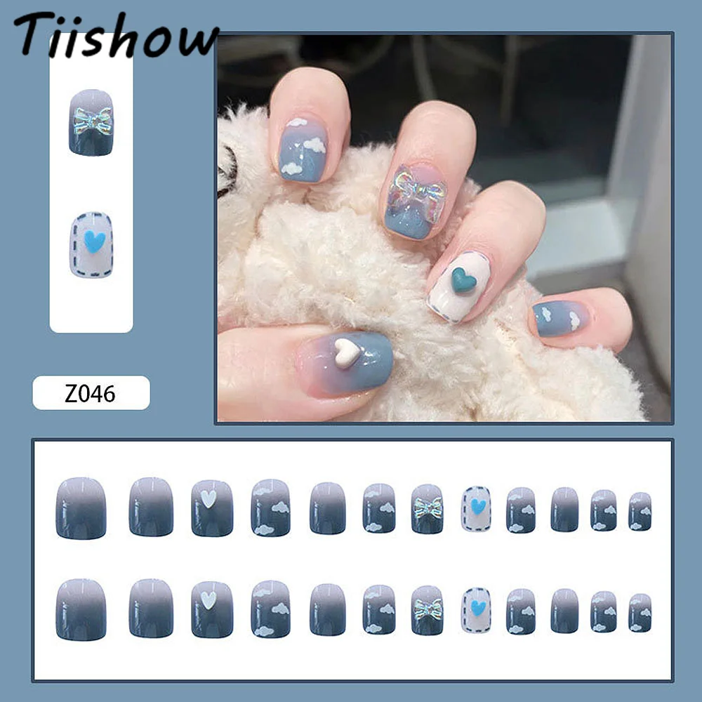 

Tiishow 24pcs Blue White Three-dimensional Love Decor Fake Nails Tips Transparent Bow Full Cover False Nails Tips with Jelly Gel