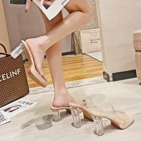 transparent high heels women square toe sandals summer shoes woman clear high pumps wedding jelly buty damskie heels slippers