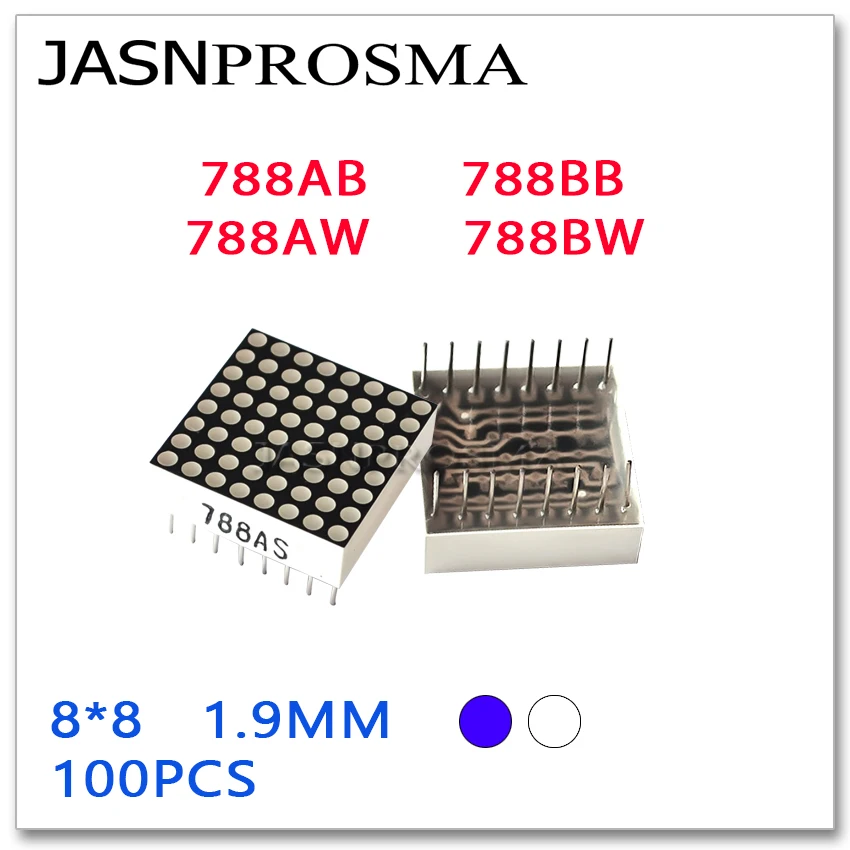 

JASNPROSMA 8X8 1.9MM Blue white LED 20mmX20mm 100PCS 788AB 788BB 788AW 788BW anode cathode Matrix Digital Tube Common