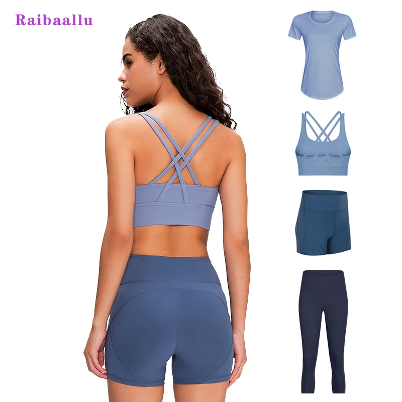 

Spring/summer four sets T-shirt bra short pant cotton moisture absorbent sweat running fitness ladies multi-color option Classic