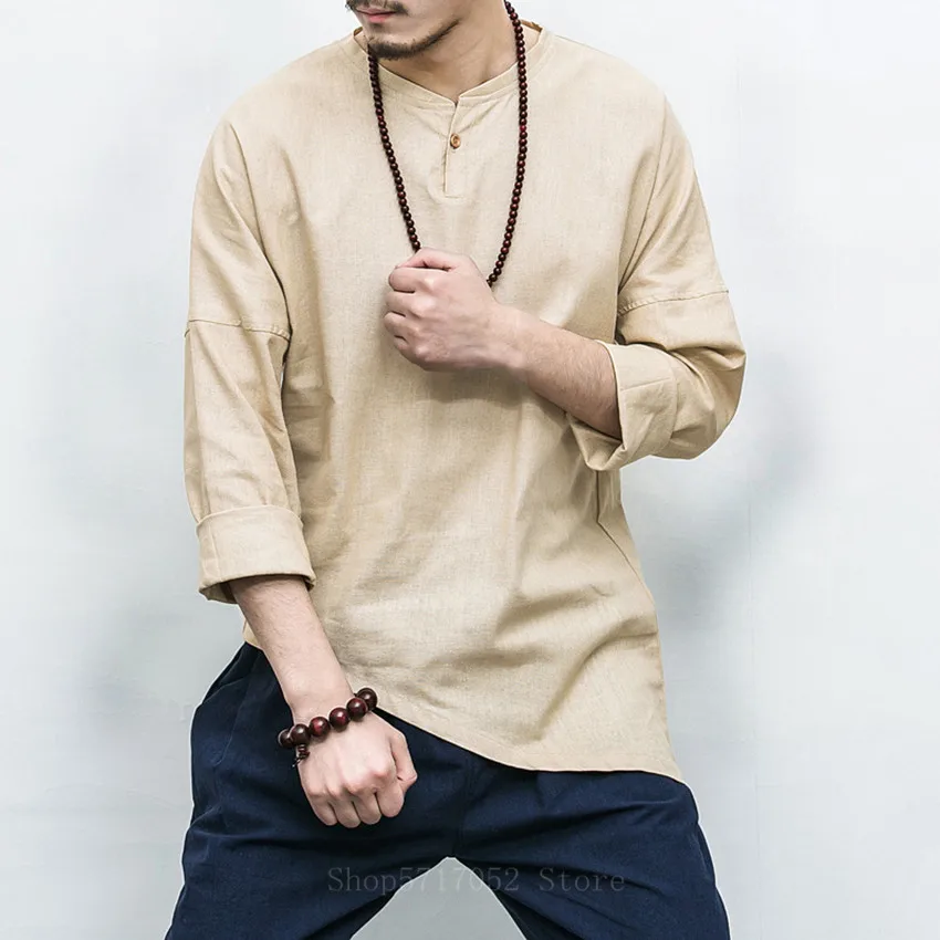 

Cotton and Linen Long-sleeved Chinese Style T-shirt Men Solid Color Round Neck Casual Plus Size Loose Irregular Hem Tops