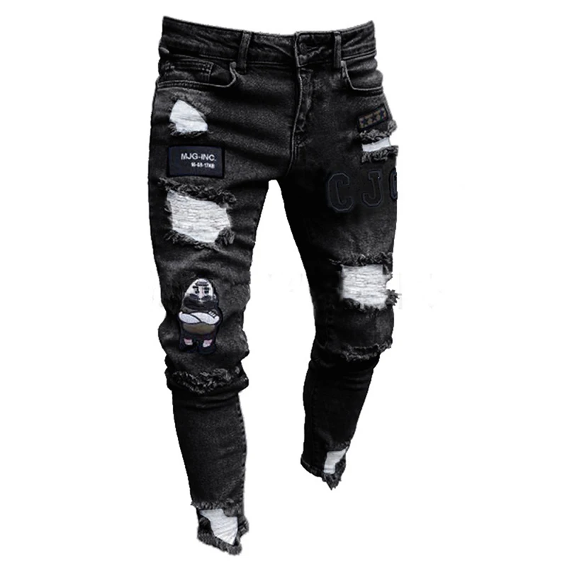 Men Stretchy Ripped Skinny Biker Embroidery Print Jeans Destroyed Hole Taped Slim Fit Denim Scratched High Quality Jean