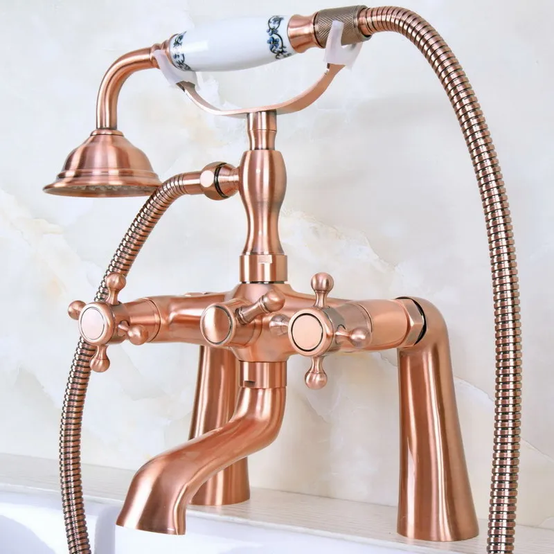 

Античный красный медный латунный смеситель с двумя перекрестными ручками, устанавливаемый на поверхность кран для ванны, смеситель с ручны...