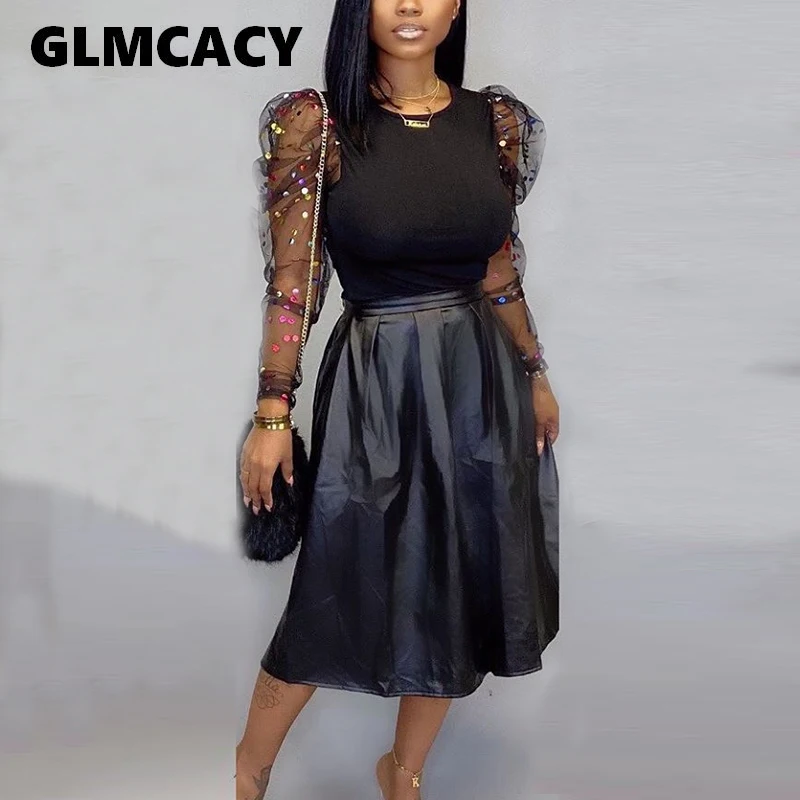 Женская блузка с рукавами фонариками черная рубашка и юбка средней длины из