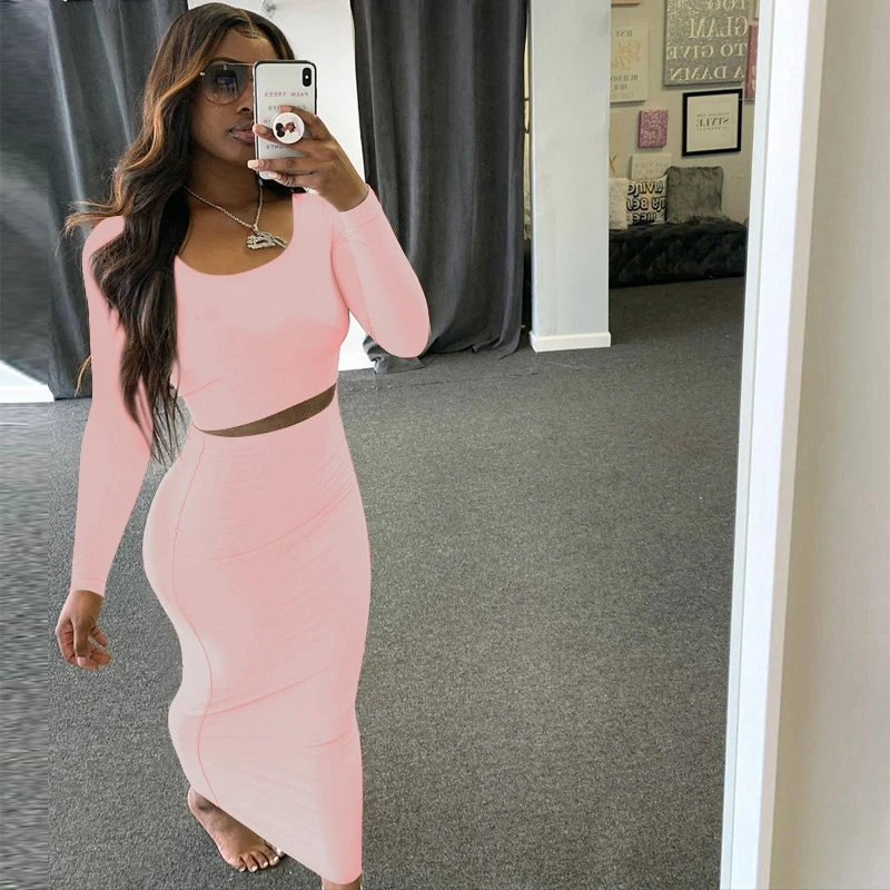 

hirigin Autumn 2pcs Dress Set Women Solid Long Sleeve Crop Top And Slim Fit Long Skirts Sexy Package Hip Dress Club Matching Set