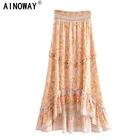 Винтажная шикарная летняя модная женская пляжная юбка с цветочным принтом, богемная длинная юбка с высокой эластичной талией, макси трапециевидная юбка в стиле бохо для женщин