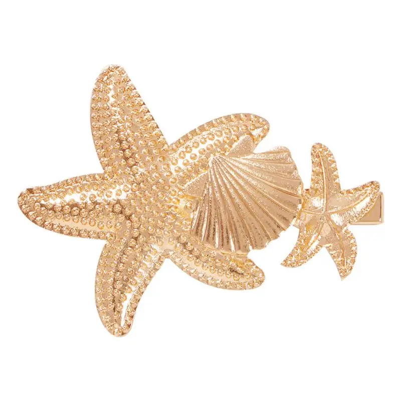 A Marine Style Women Metallic Gold Duckbill Hair Clip Faux Pearl Rhinestone Starfish Shell Hairpin Beach Holiday Wedding Barrette - Цвет: A