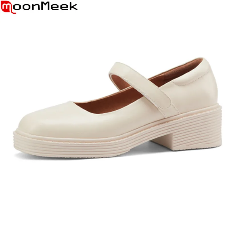 

MoonMeek 2021 New Genuine Leather Shoes Women Thick Heels Square Toe Platform Casual Single Shoes Summer Women Pumps