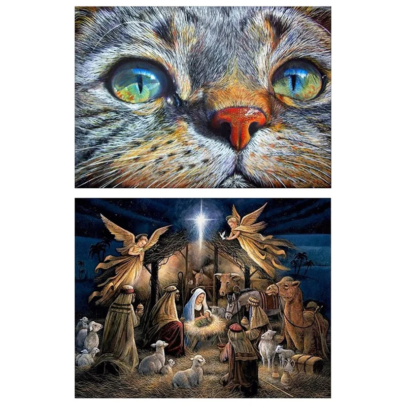 

2Set 5D DIY Diamond Painting Cross Stitch Rhinestone Full Circular Diamond Embroidery Gift, Cat & Angels
