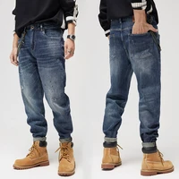 newly designer fashion men jeans loose fit elastic retro blue wide leg ripped jeans men streetwear hip hop splashed denim pants